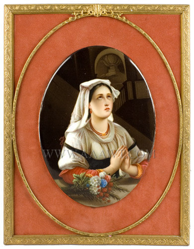 KPM Porcelain Oval Plaque, Finely Painted Scene of Young Lady Praying Germany
Circa 1875 to 1900, frame view